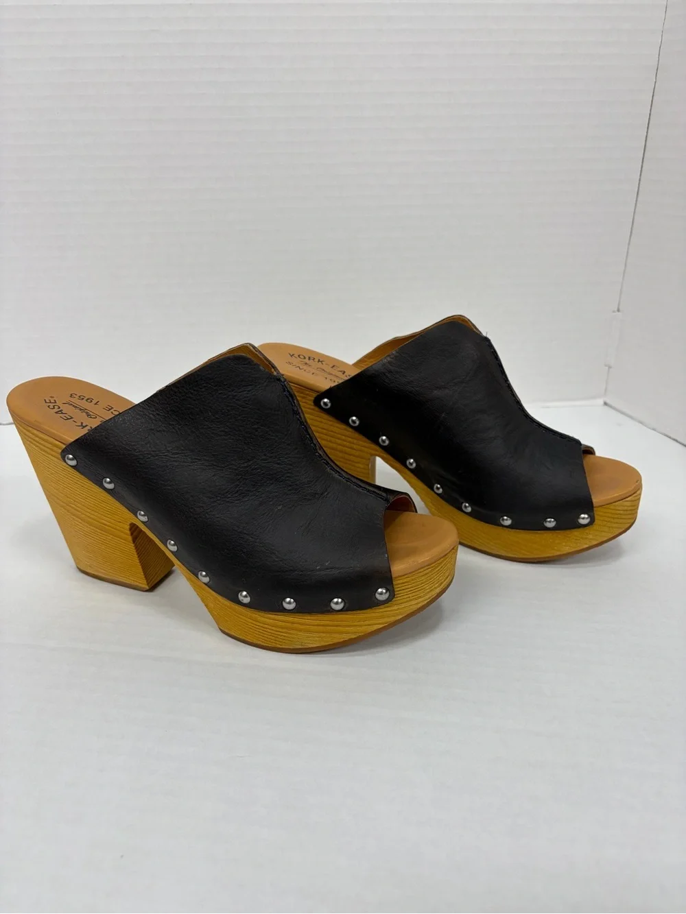 Kork Ease Harlin Wood Heel Platform Leather Open Toe Mule Clog Brown Size 9